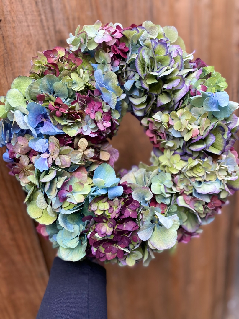 The Dried Hydrangea Wreath buy online or call 07568 755334